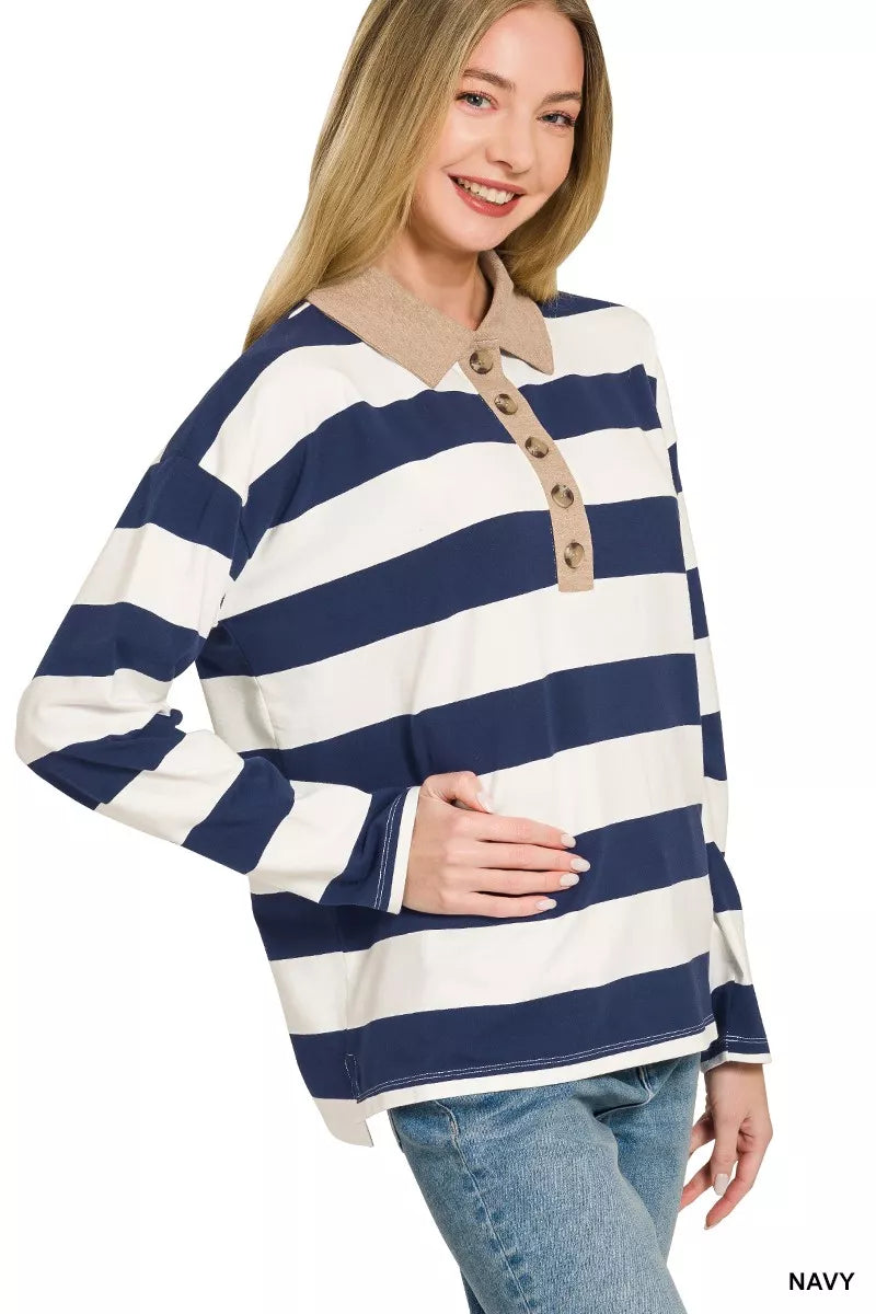 Zenana Striped Contrast Collar Polo Tee by Trendsi - Image 3