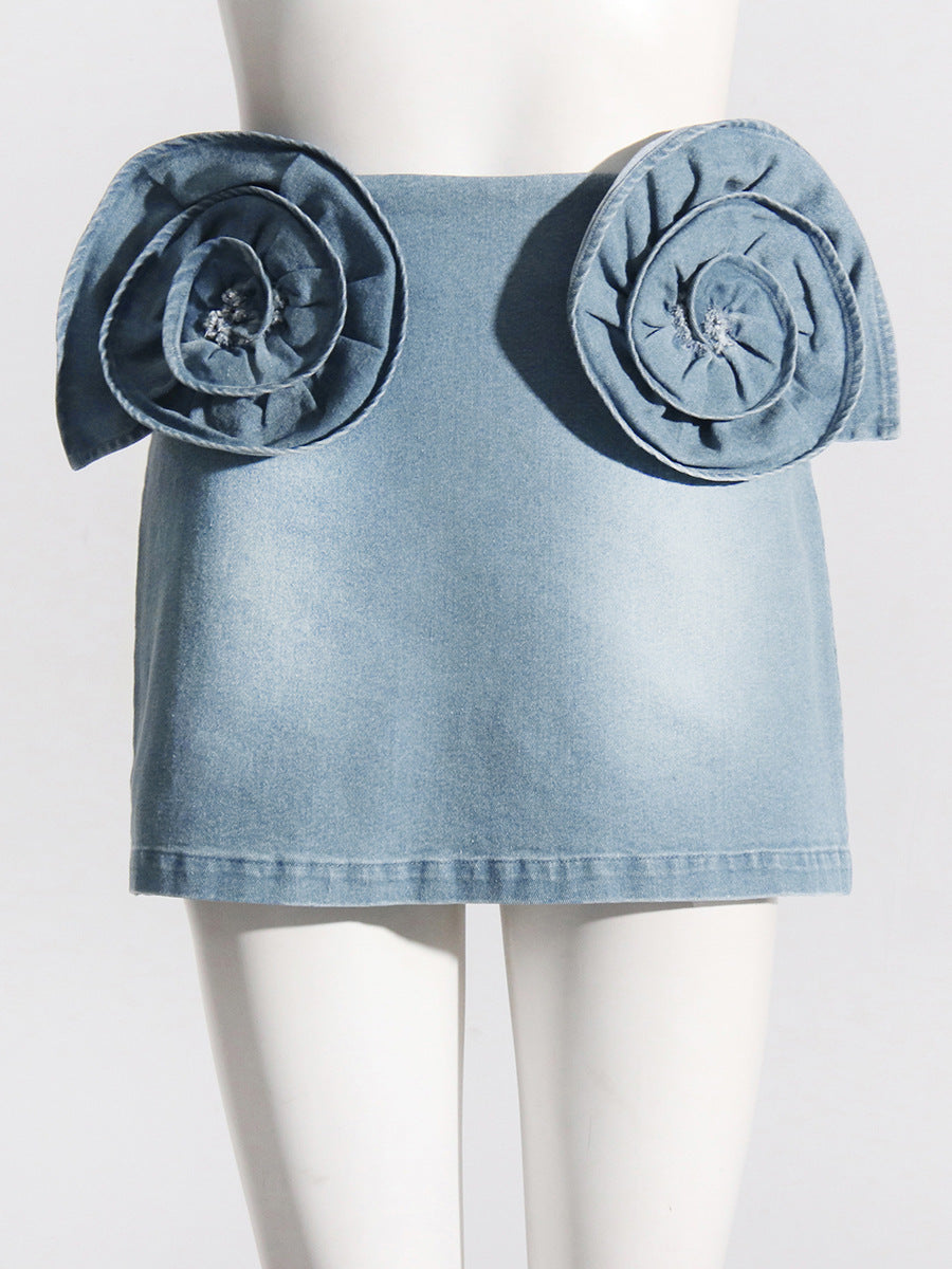3D Rose Appliqué High Waist Denim Mini Skirt – Women's - Skirts by Zen Clothing - Image 2