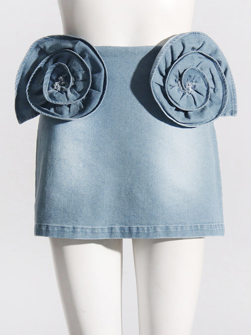 3D Rose Appliqué High Waist Denim Mini Skirt – Women's - Skirts by Zen Clothing - Image 2