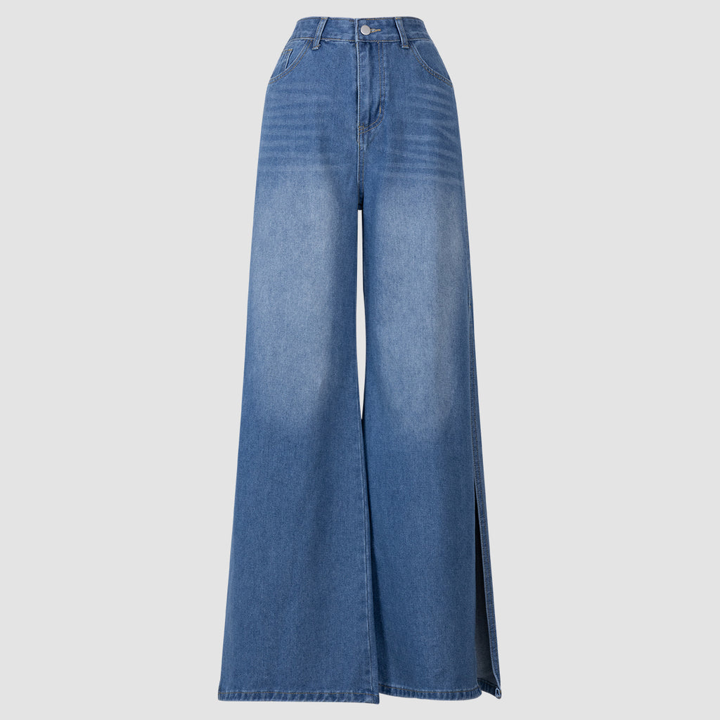 Blue Denim High - Waisted Ultra - Wide - Leg Jeans With Side Slit - 4 by Zen Clothing - Image 4
