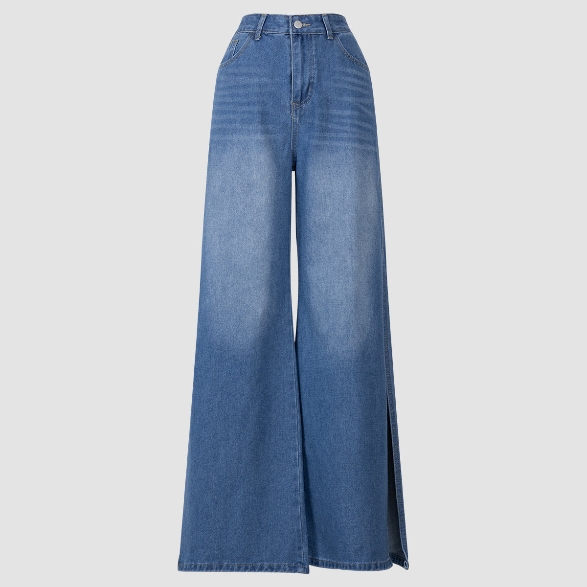 Blue Denim High - Waisted Ultra - Wide - Leg Jeans With Side Slit - 4 by Zen Clothing - Image 4