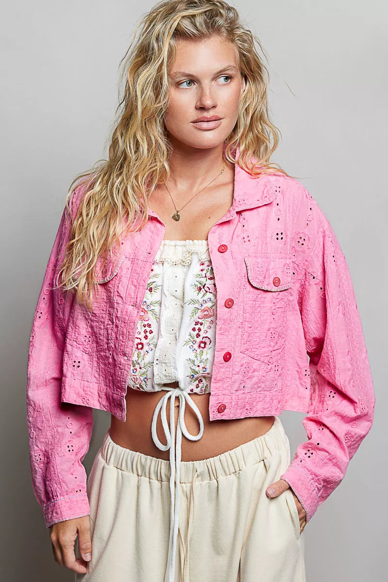 POL Eyelet Textured Cotton Cropped Button-Front Jacket by Trendsi - Image 1
