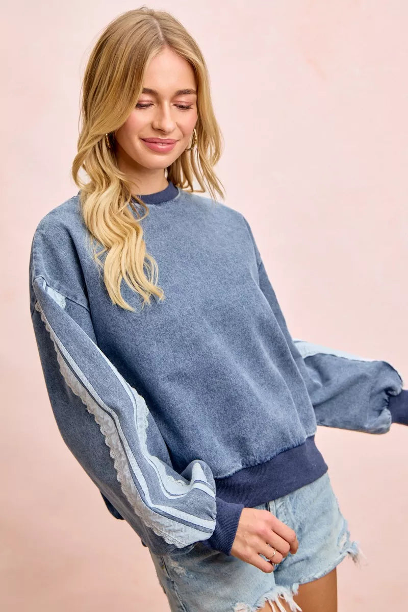 BiBi Washed Denim Lace Contrast Sided Sweatshirt by Trendsi - Image 6