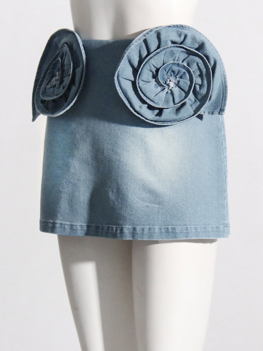 3D Rose Appliqué High Waist Denim Mini Skirt – Women's - Zen Clothing