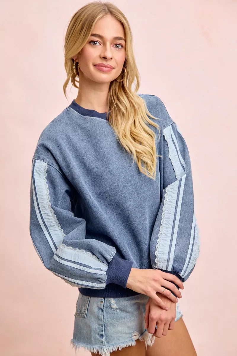 BiBi Washed Denim Lace Contrast Sided Sweatshirt by Trendsi - Image 5