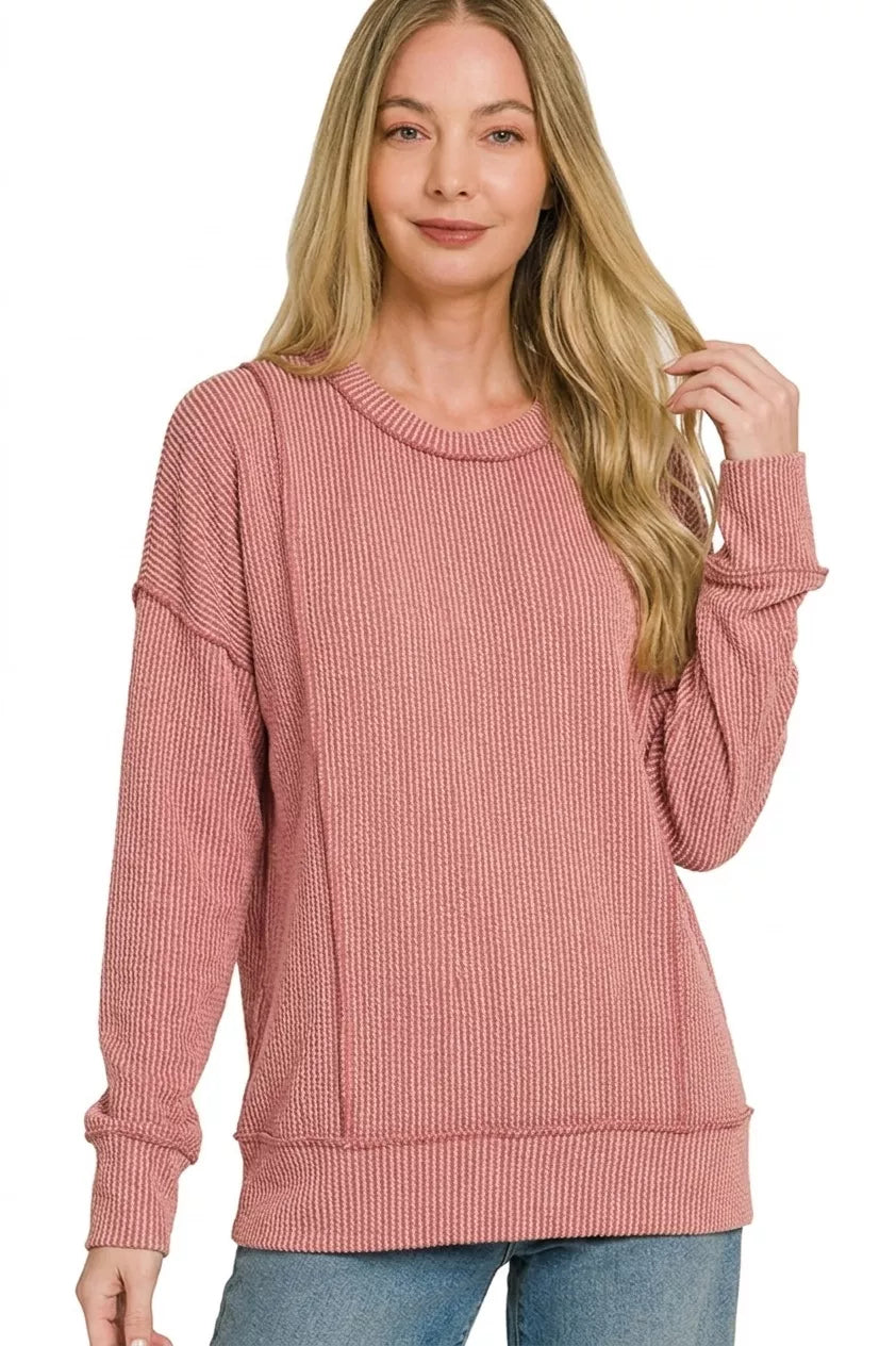 Zenana Corded Rib Long Sleeve Round Neck Top by Trendsi - Image 1