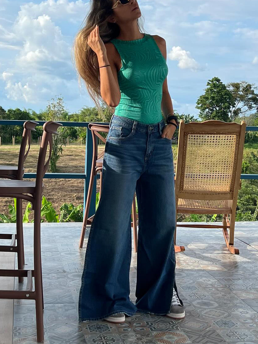 Blue Denim High - Waisted Ultra - Wide - Leg Jeans With Side Slit - 4 by Zen Clothing - Image 2