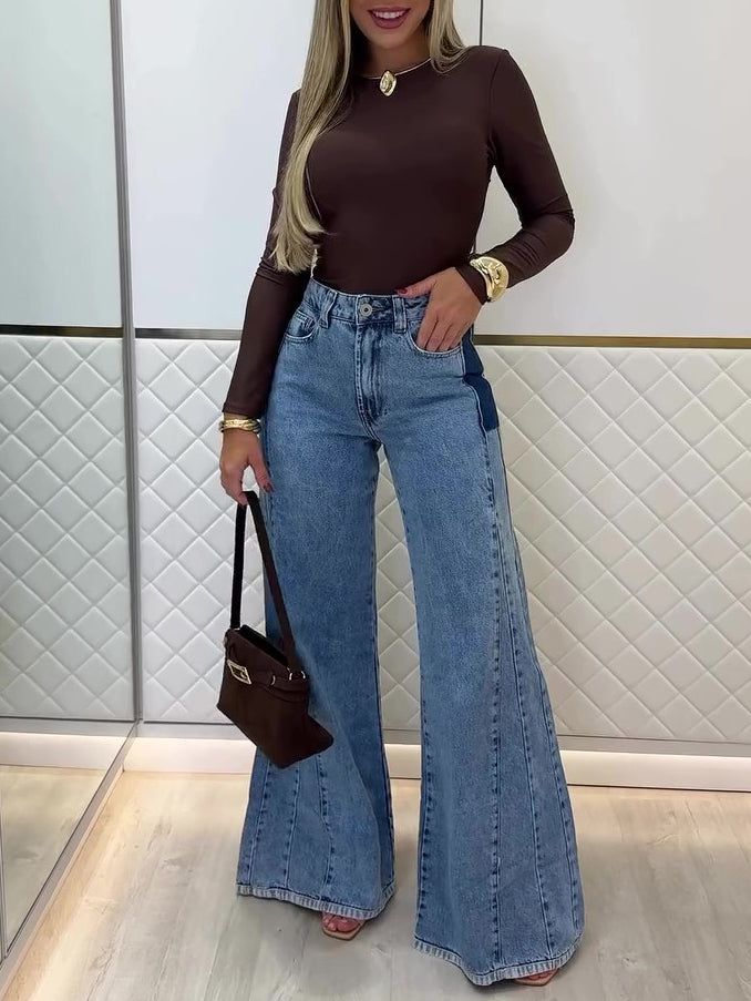 Two-Tone Patchwork High Waist Flare Jeans – Women's - Jeans by Zen Clothing - Image 3