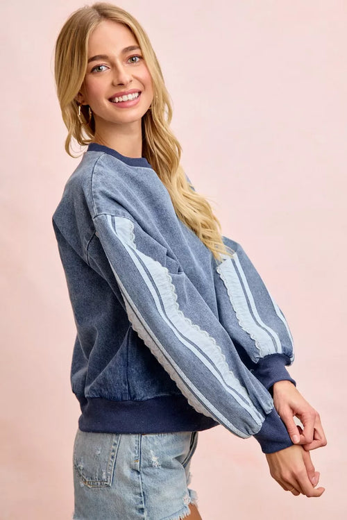 BiBi Washed Denim Lace Contrast Sided Sweatshirt by Trendsi - Image 2