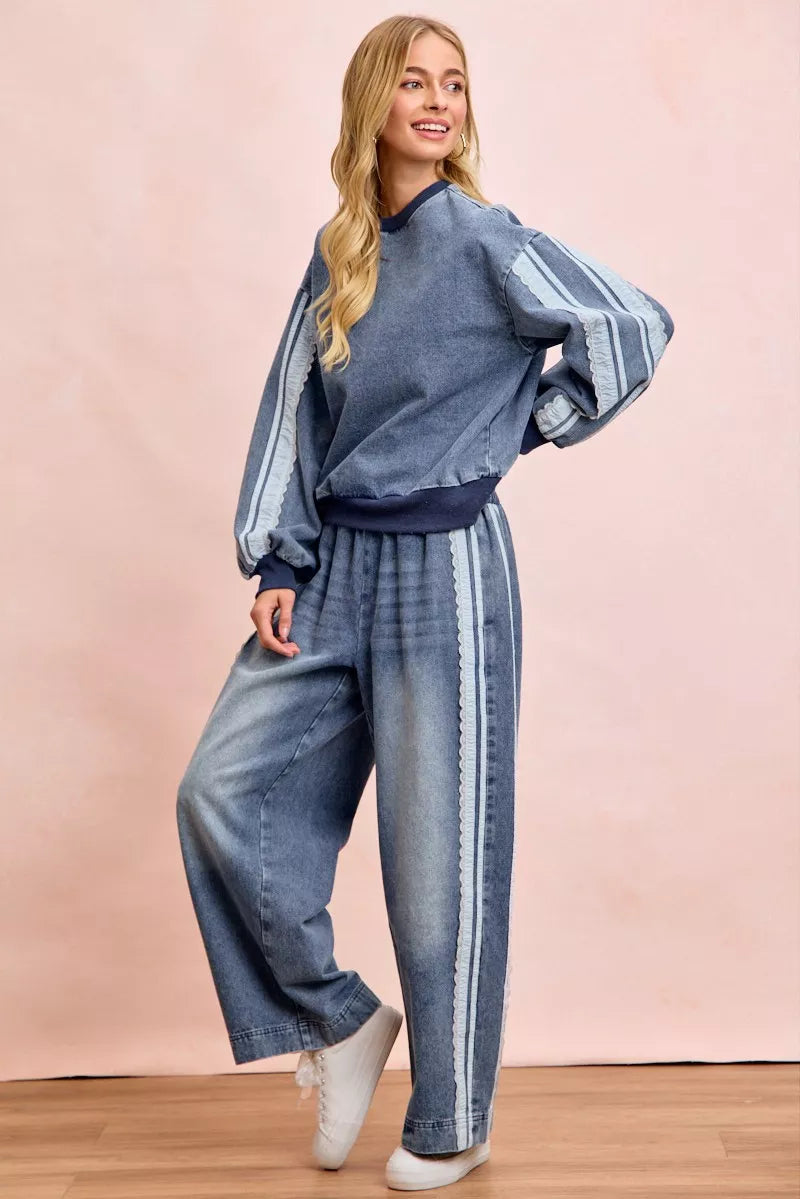BiBi Washed Denim Lace Contrast Sided Sweatshirt by Trendsi - Image 13