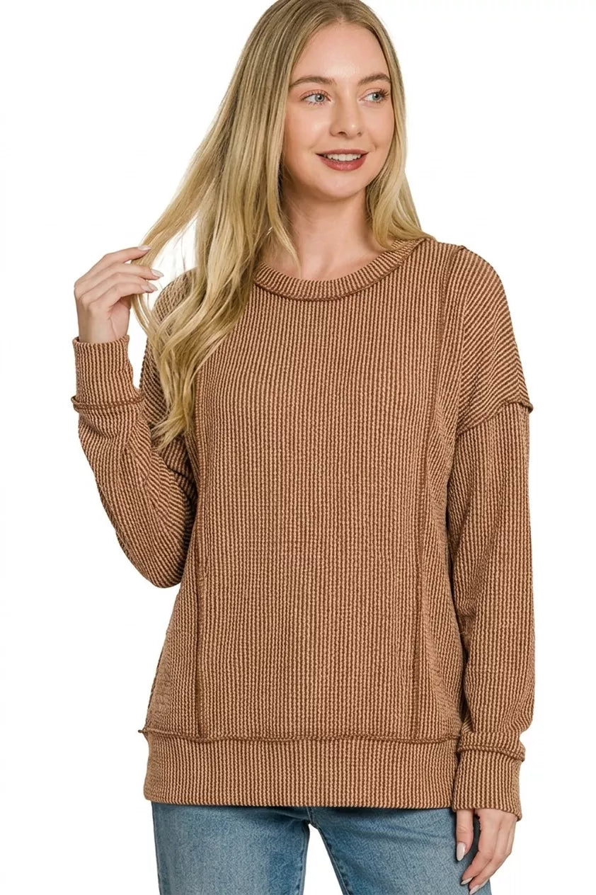Zenana Corded Rib Long Sleeve Round Neck Top by Trendsi - Image 1