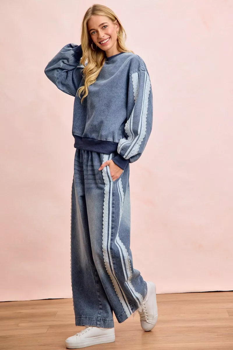BiBi Washed Denim Lace Contrast Sided Sweatshirt by Trendsi - Image 14