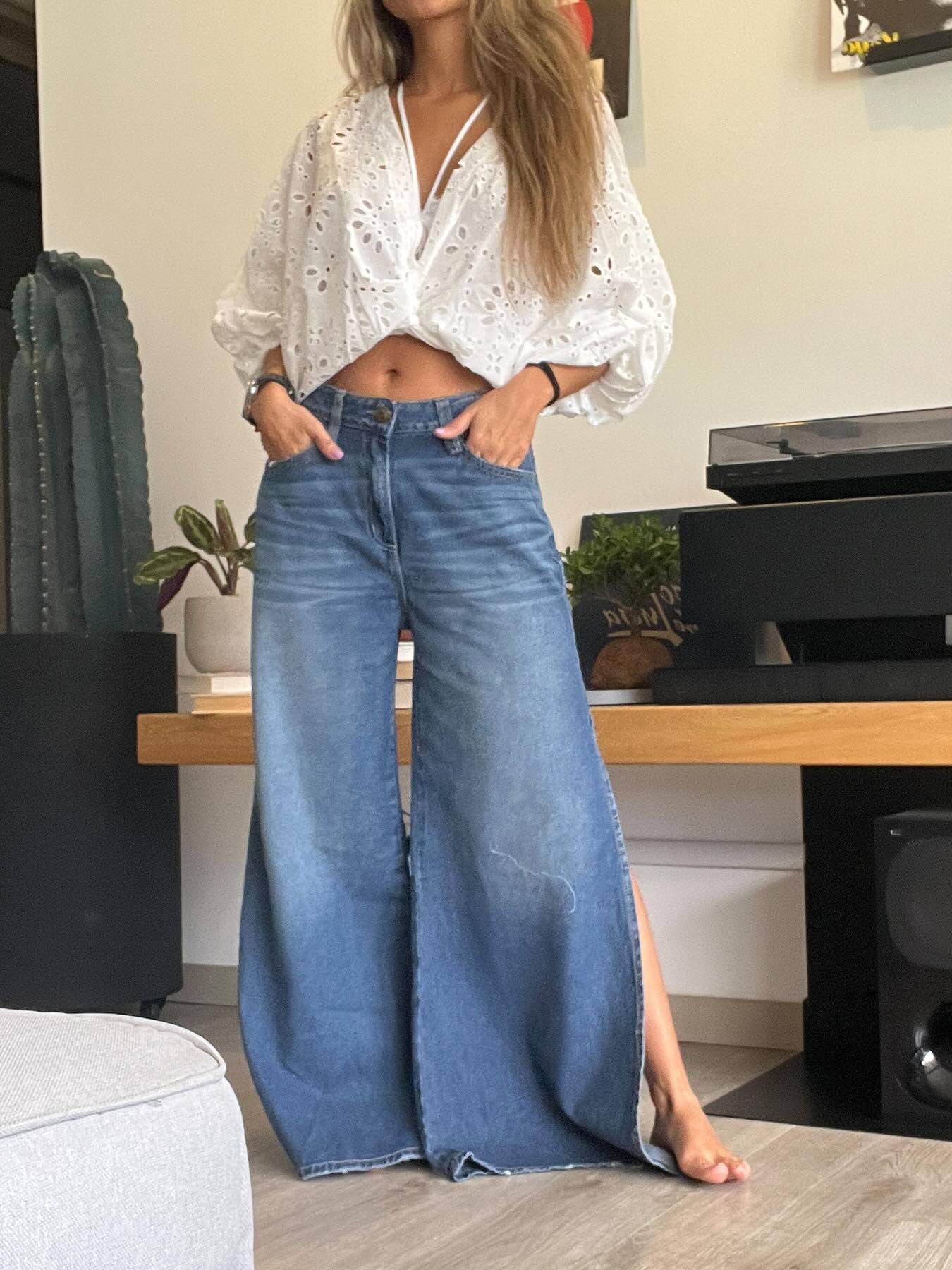 Blue Denim High - Waisted Ultra - Wide - Leg Jeans With Side Slit - 4 by Zen Clothing - Image 1
