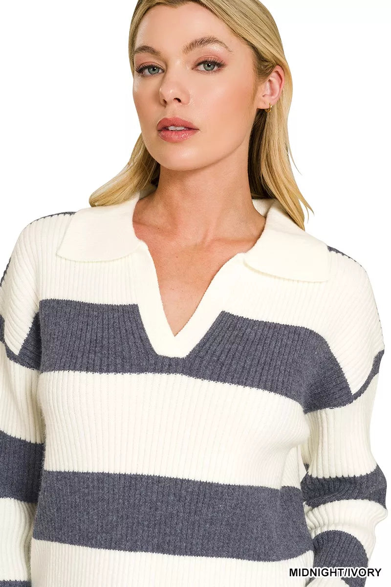 Zenana Striped Collared Sweater by Trendsi - Image 4