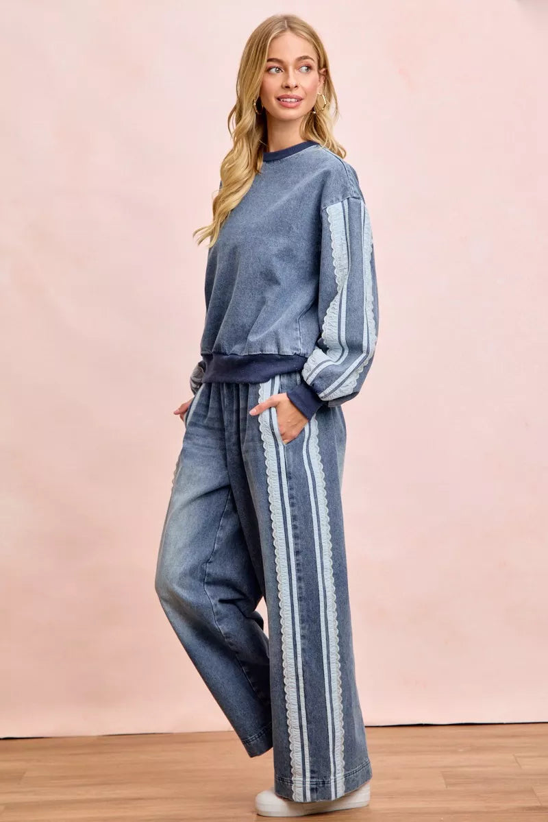 BiBi Washed Denim Lace Contrast Sided Sweatshirt by Trendsi - Image 12