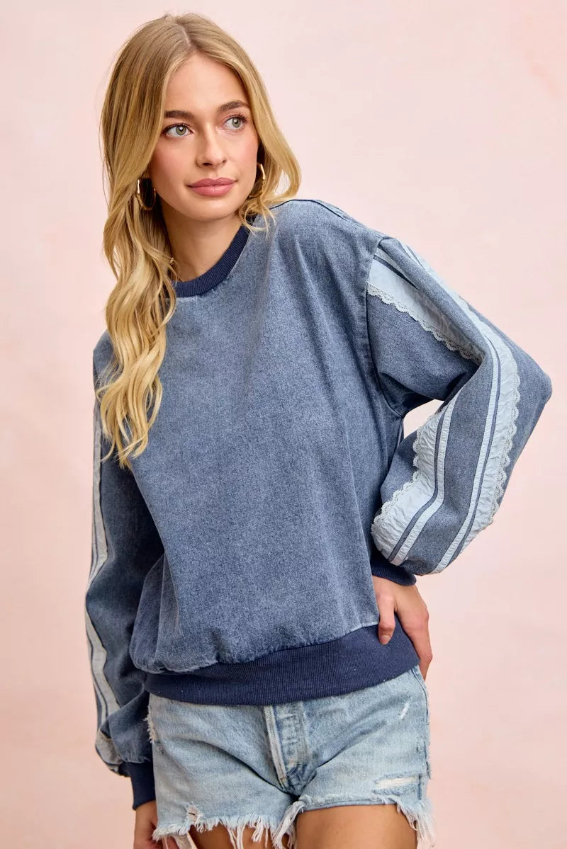 BiBi Washed Denim Lace Contrast Sided Sweatshirt by Trendsi - Image 8