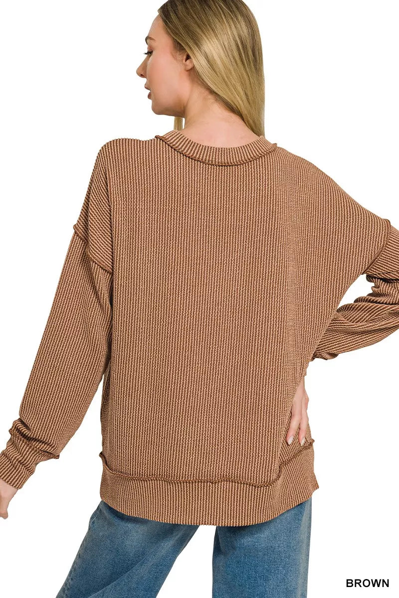 Zenana Corded Rib Long Sleeve Round Neck Top by Trendsi - Image 3