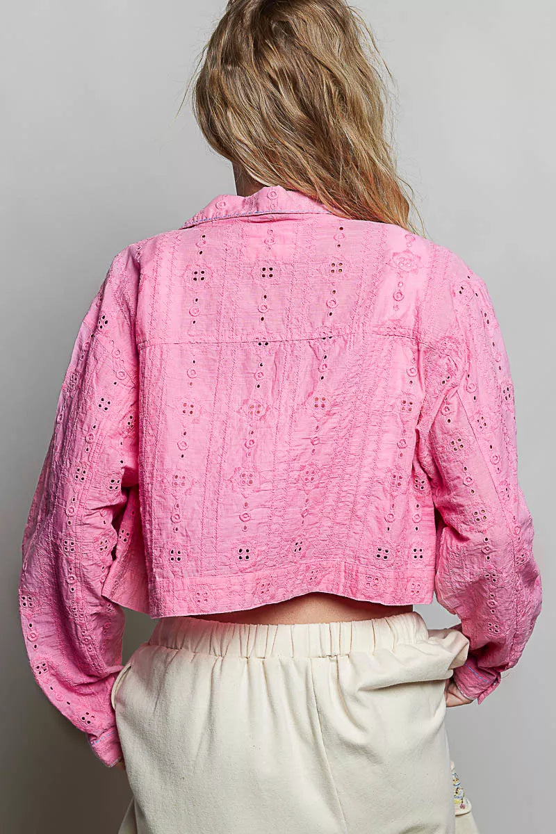 POL Eyelet Textured Cotton Cropped Button-Front Jacket by Trendsi - Image 3