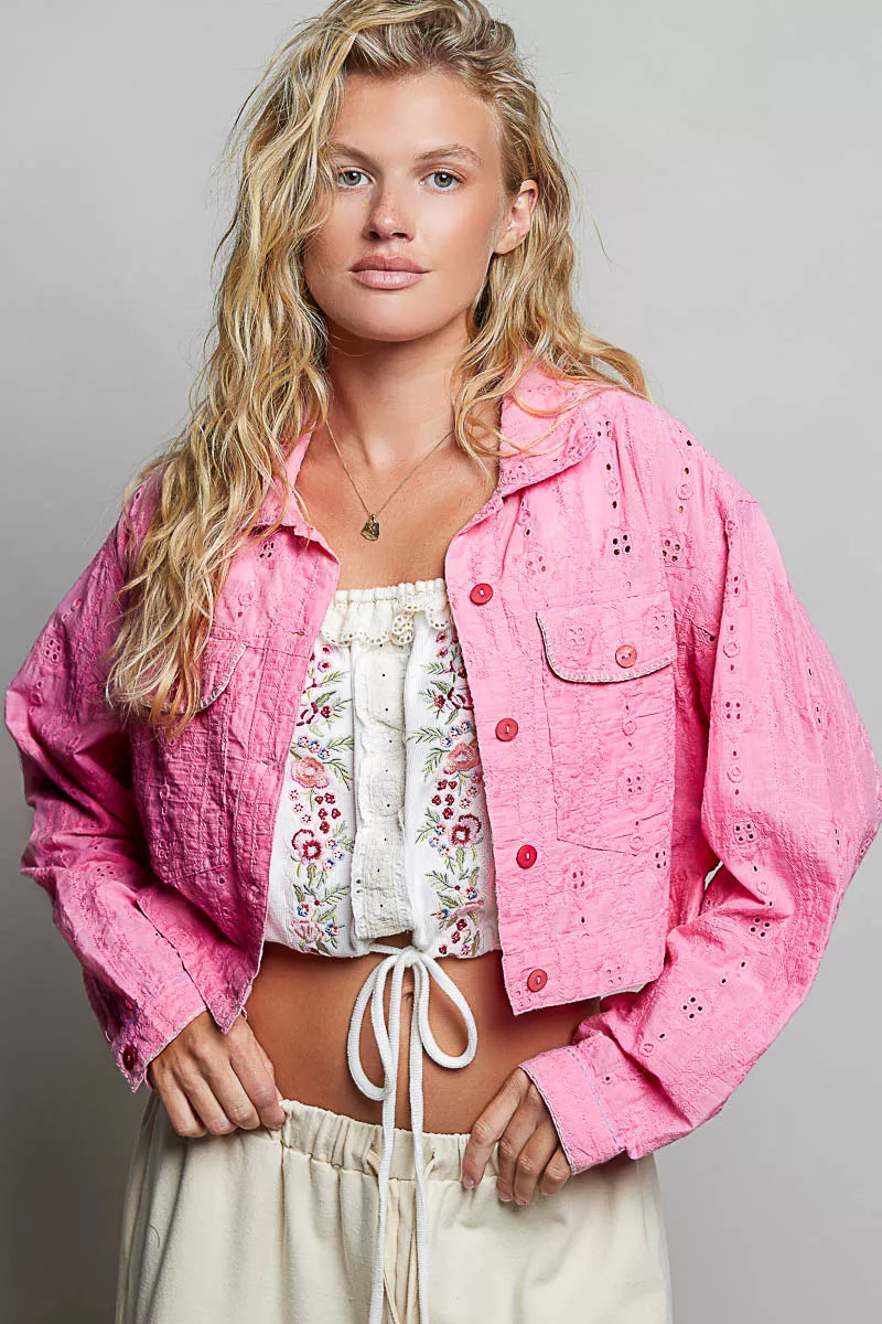 POL Eyelet Textured Cotton Cropped Button-Front Jacket by Trendsi - Image 4