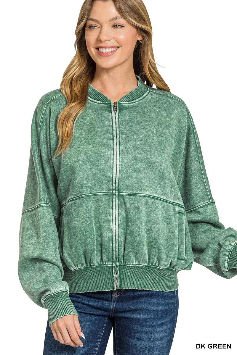 Zenana Acid Washed Fleece Jacket by Trendsi - Image 1