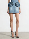 3D Rose Appliqué High Waist Denim Mini Skirt – Women's - Skirts by Zen Clothing - Image 1