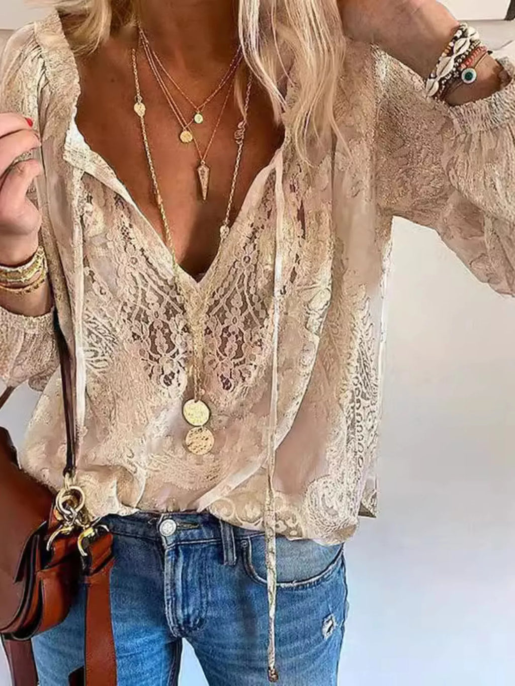 Lace Tie-Neck Blouse by Trendsi - Image 4
