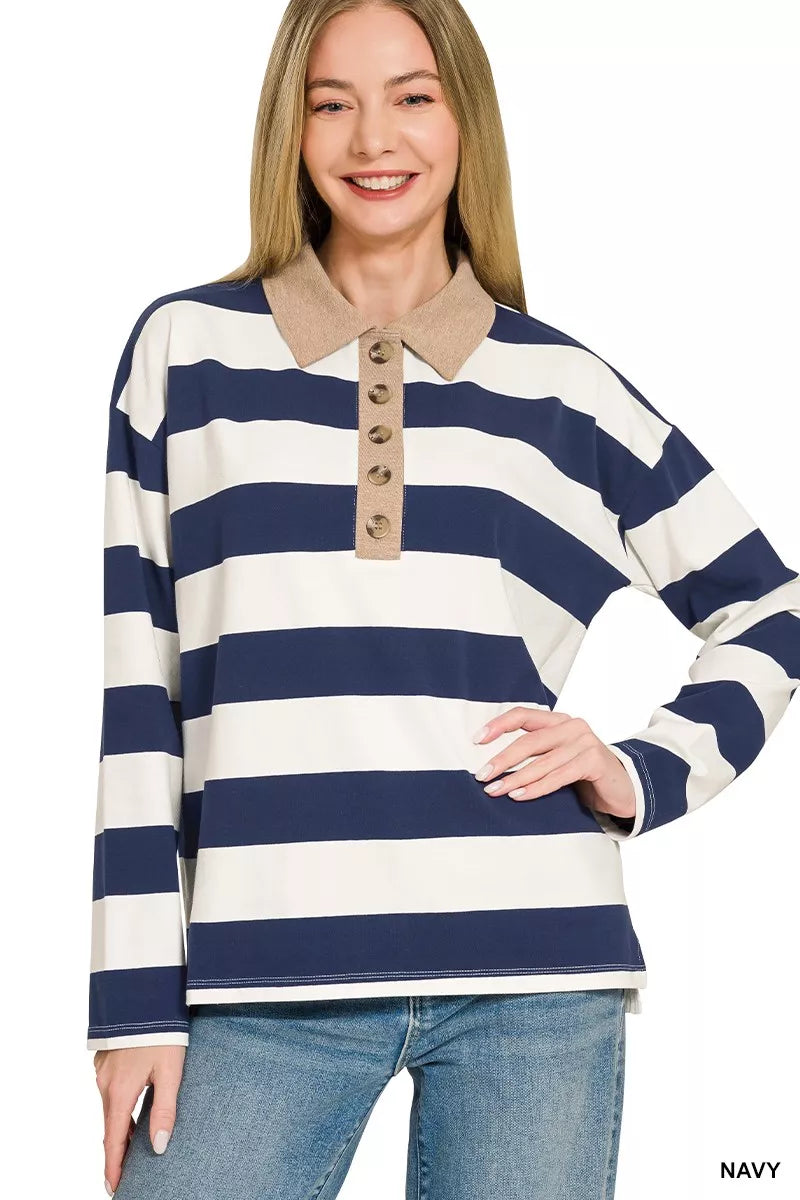 Zenana Striped Contrast Collar Polo Tee by Trendsi - Image 2