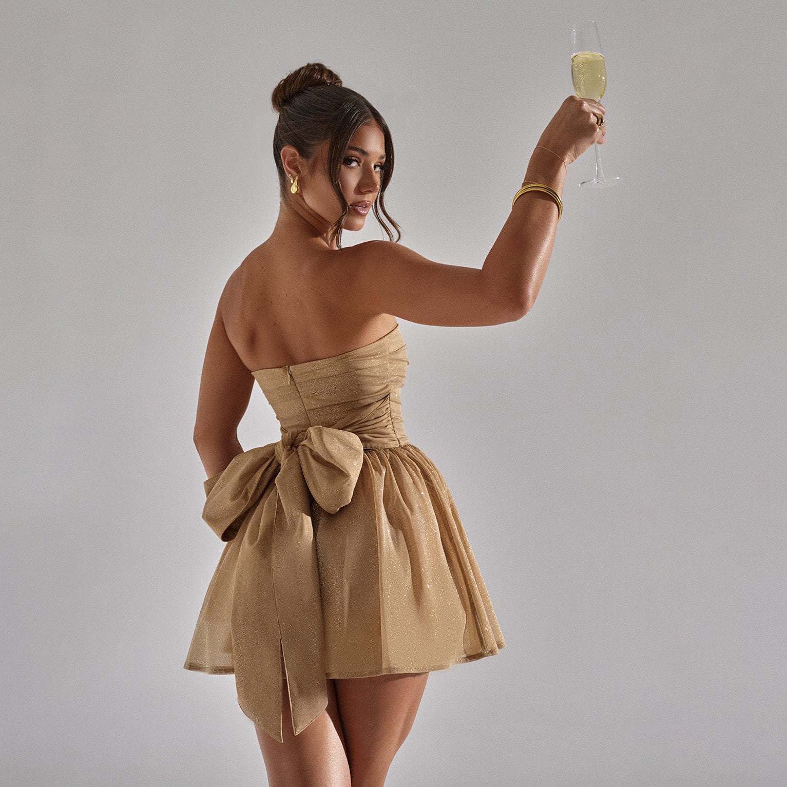 Strapless Glitter Mesh Mini Dress with Back Bow – Women's - Dress by Zen Clothing - Image 10