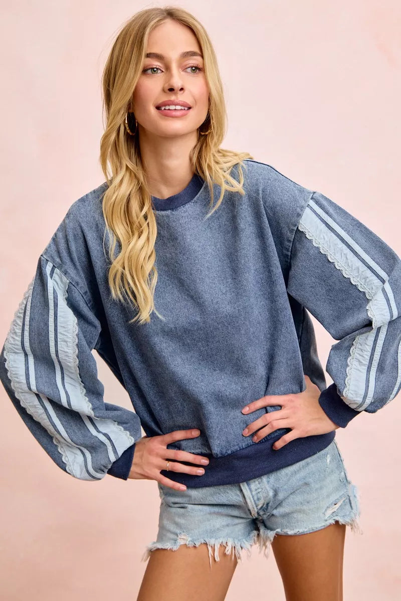 BiBi Washed Denim Lace Contrast Sided Sweatshirt by Trendsi - Image 7