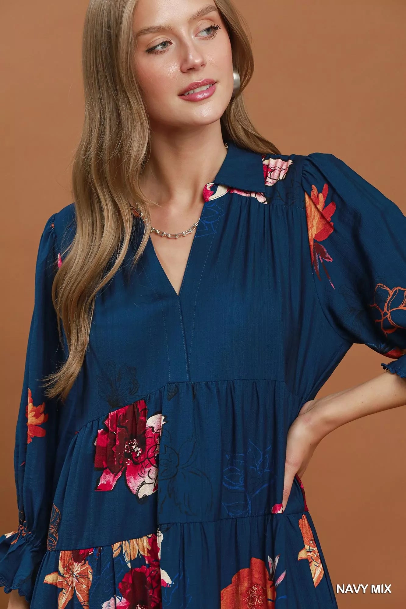 Umgee Floral Print Tiered Midi Dress with Puff Sleeves by Trendsi - Image 6