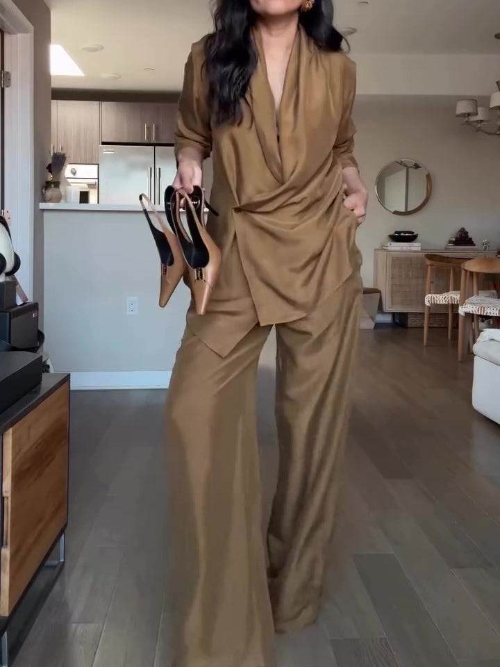 Wrap Style Satin Blouse & Wide Leg Pants Set - Clothing by Zen Clothing - Image 3