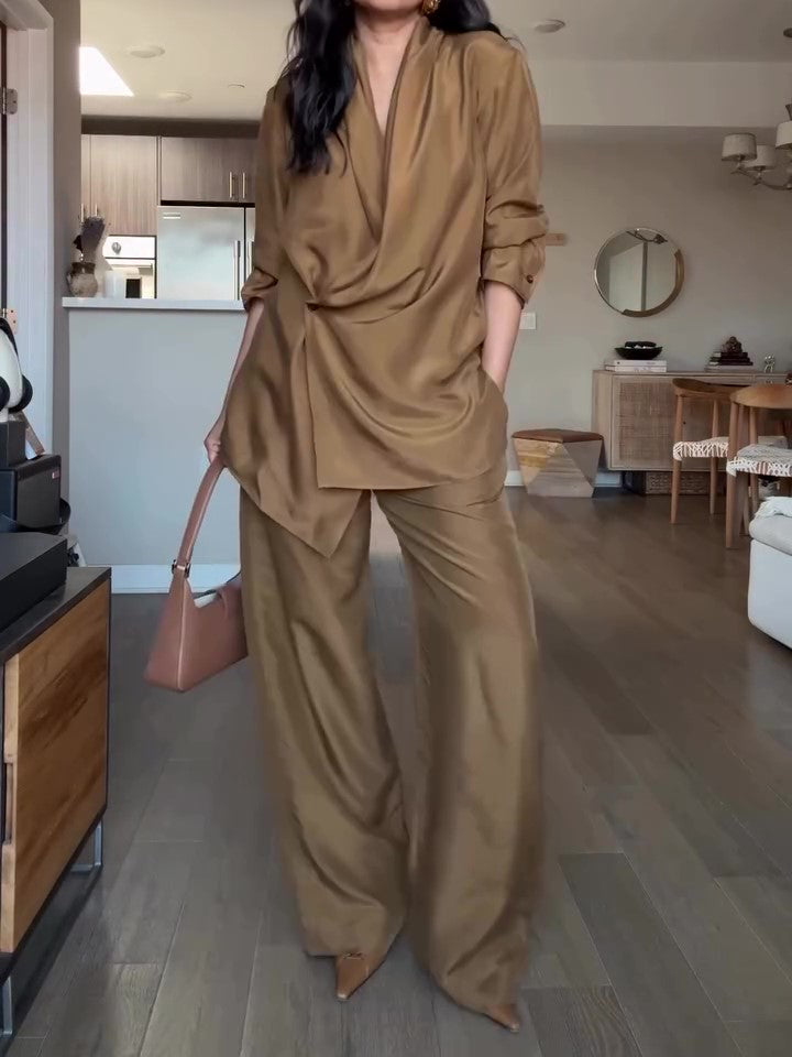 Wrap Style Satin Blouse & Wide Leg Pants Set - Clothing by Zen Clothing - Image 5