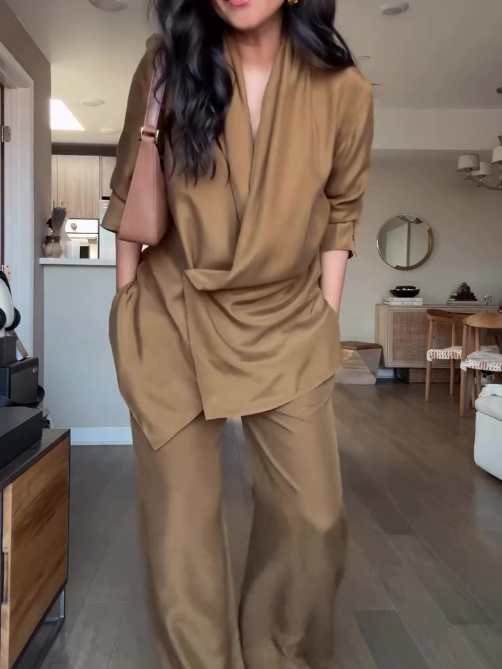 Wrap Style Satin Blouse & Wide Leg Pants Set - Clothing by Zen Clothing - Image 2
