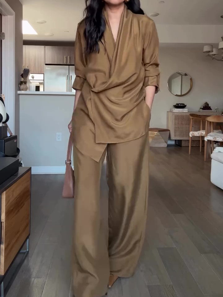 Wrap Style Satin Blouse & Wide Leg Pants Set - Clothing by Zen Clothing - Image 4