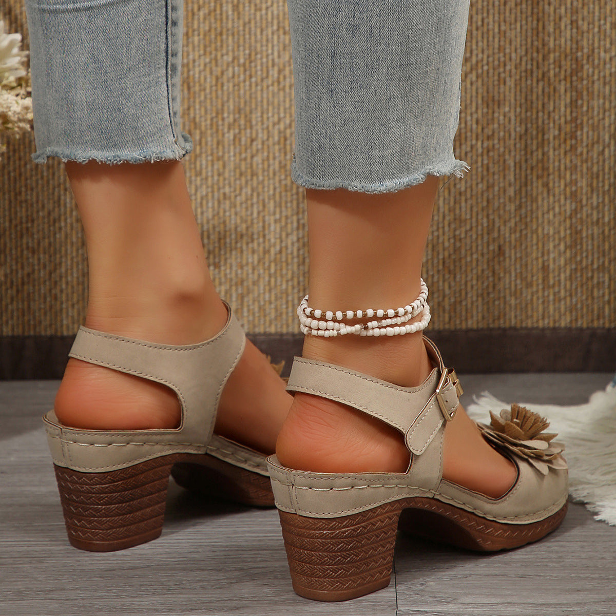 Women's Chunky Heel Platform Sandals – Floral T-Strap - Shoes by Zen Clothing - Image 4