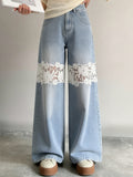 Women's Light Wash Lace Insert Wide Leg Jeans - Clothing by Zen Clothing - Image 1