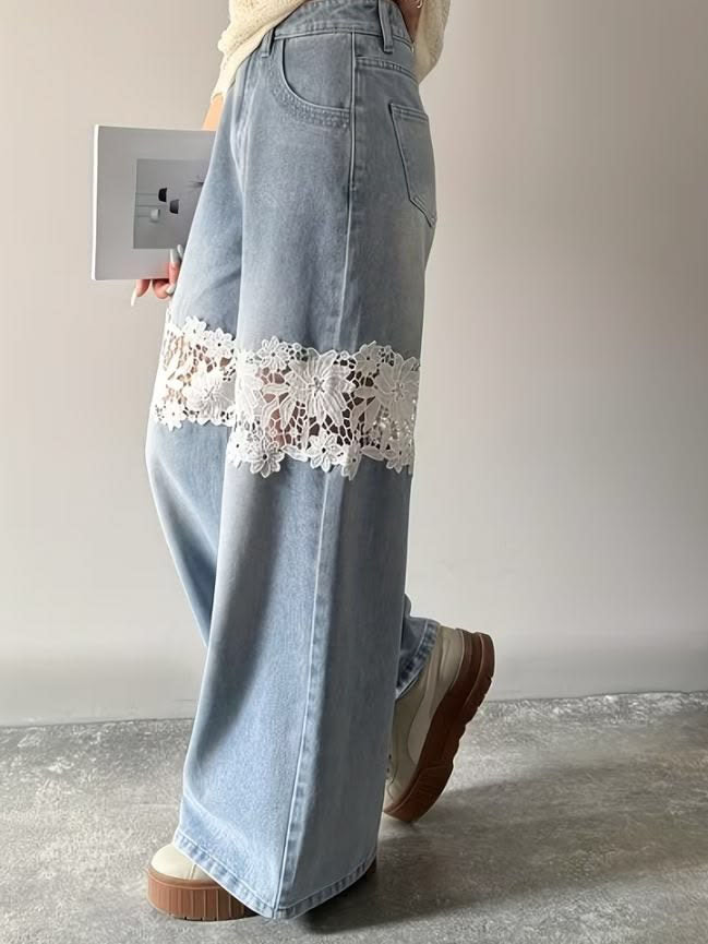 Women's Light Wash Lace Insert Wide Leg Jeans - Clothing by Zen Clothing - Image 2