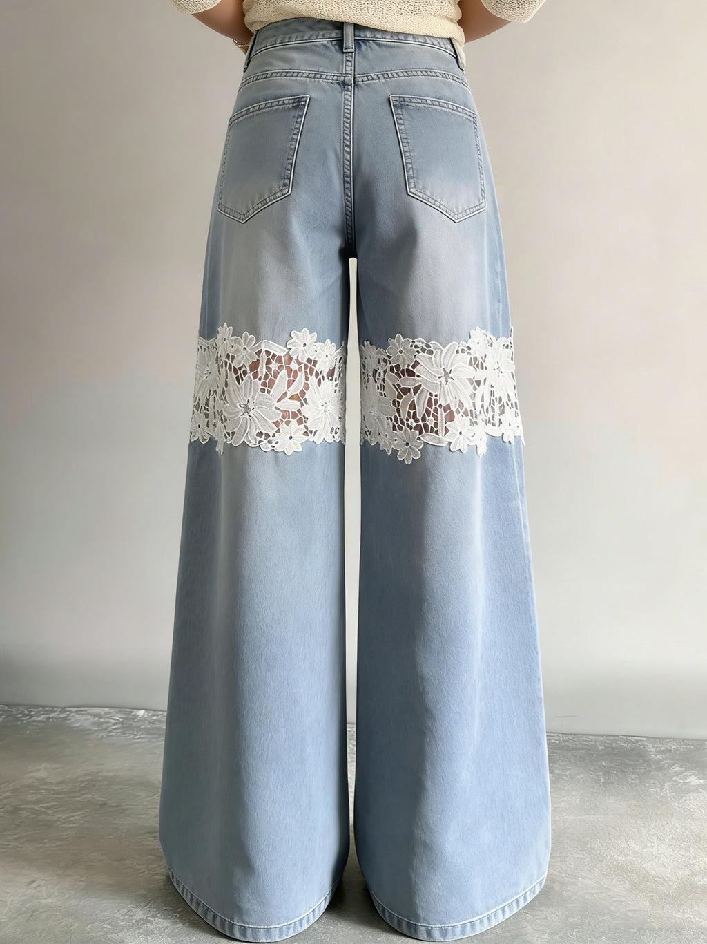 Women's Light Wash Lace Insert Wide Leg Jeans - Clothing by Zen Clothing - Image 3