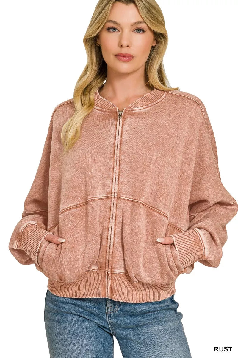 Zenana Acid Washed Fleece Jacket by Trendsi - Image 1