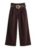 Chocolate Brown High-Waisted Wide-Leg Trousers With Belt - 4 by Zen Clothing - Image 4