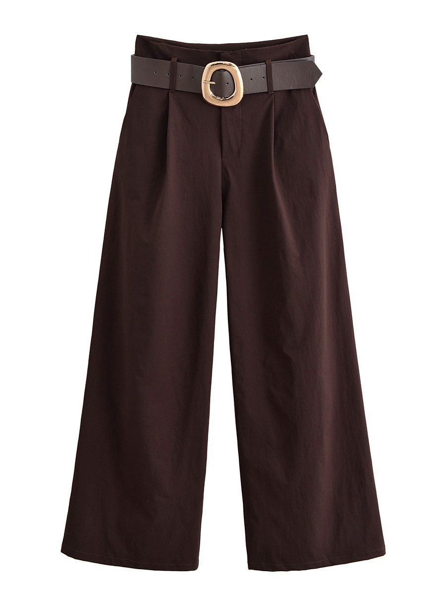 Chocolate Brown High-Waisted Wide-Leg Trousers With Belt - 4 by Zen Clothing - Image 4