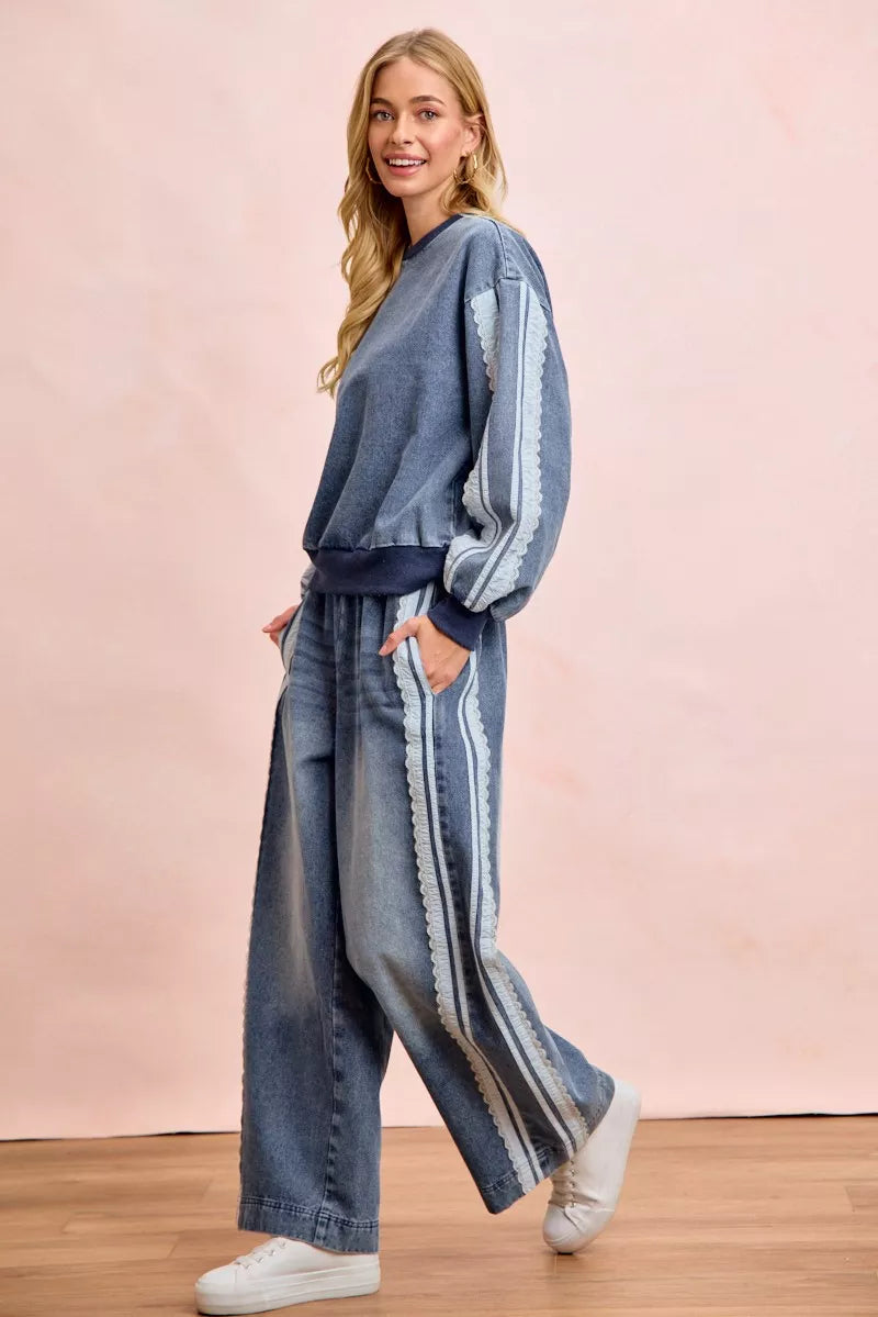 BiBi Washed Denim Lace Contrast Sided Sweatshirt by Trendsi - Image 15