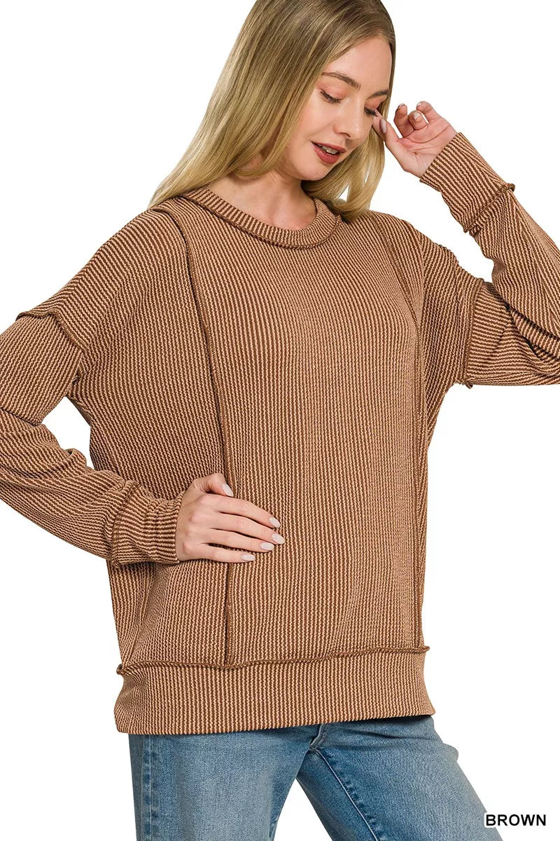 Zenana Corded Rib Long Sleeve Round Neck Top by Trendsi - Image 2