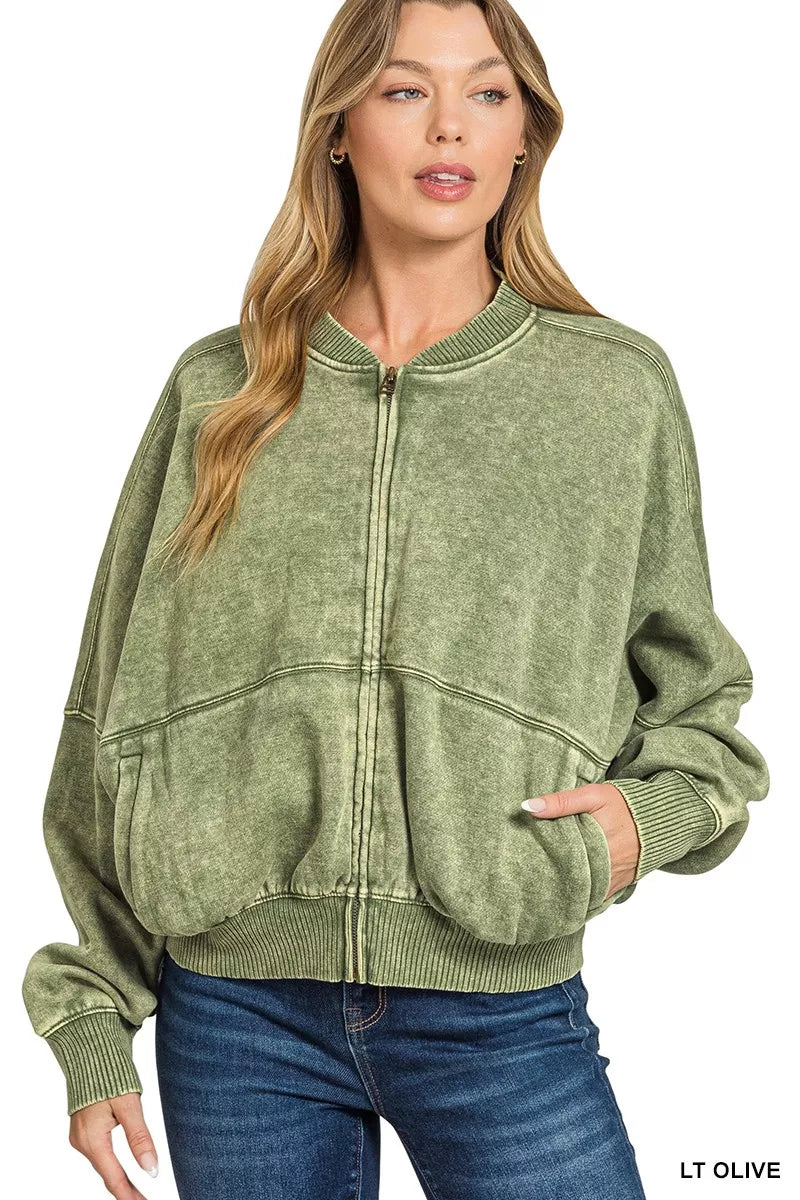 Zenana Acid Washed Fleece Jacket by Trendsi - Image 1