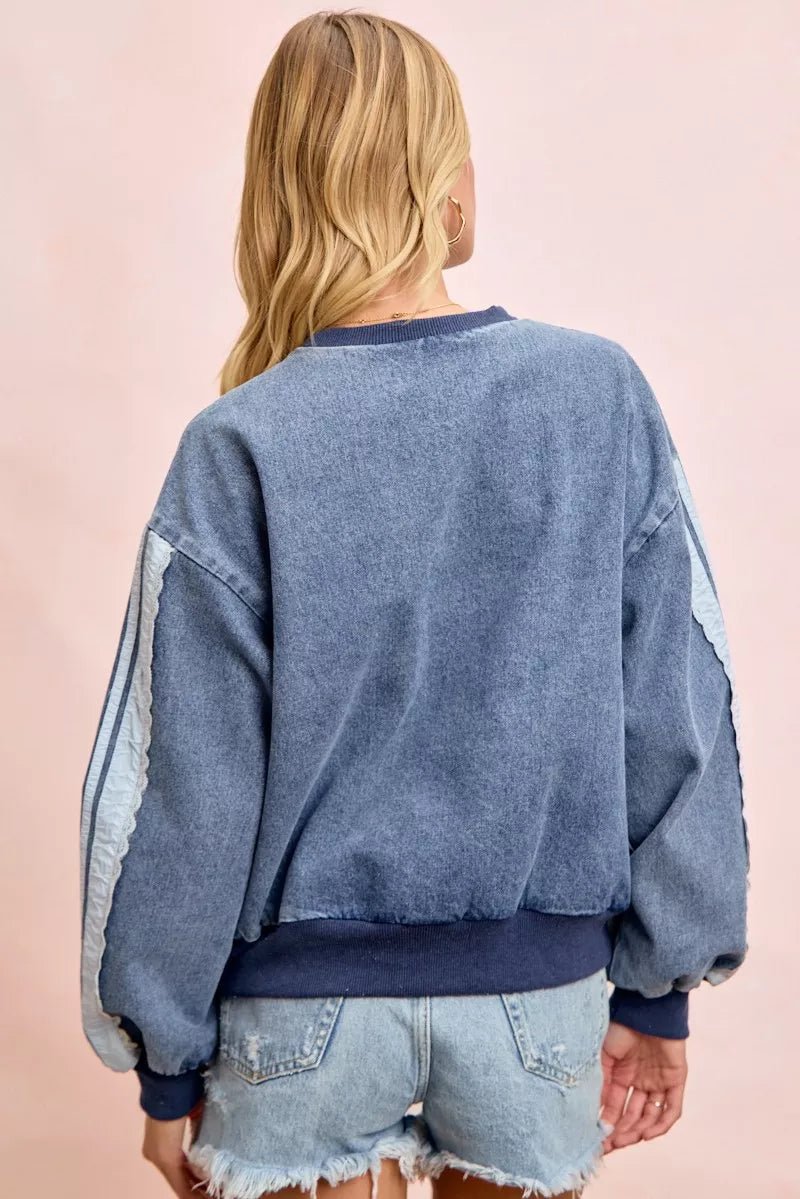 BiBi Washed Denim Lace Contrast Sided Sweatshirt - Zen Clothing