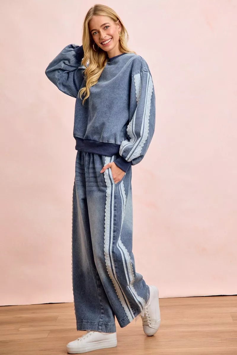 BiBi Washed Denim Lace Contrast Sided Sweatshirt - Zen Clothing
