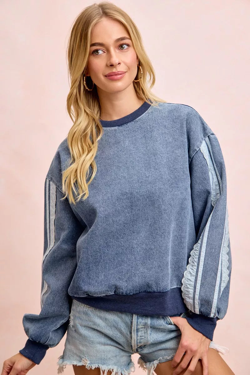 BiBi Washed Denim Lace Contrast Sided Sweatshirt by Trendsi - Image 1