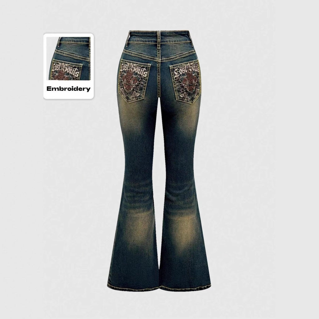 Retro Embroidered Flared Jeans - 4 by Zen Clothing - Image 3