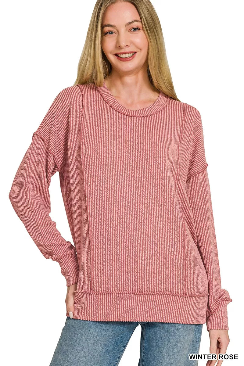 Zenana Corded Rib Long Sleeve Round Neck Top by Trendsi - Image 2