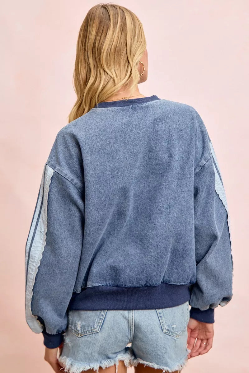 BiBi Washed Denim Lace Contrast Sided Sweatshirt by Trendsi - Image 3